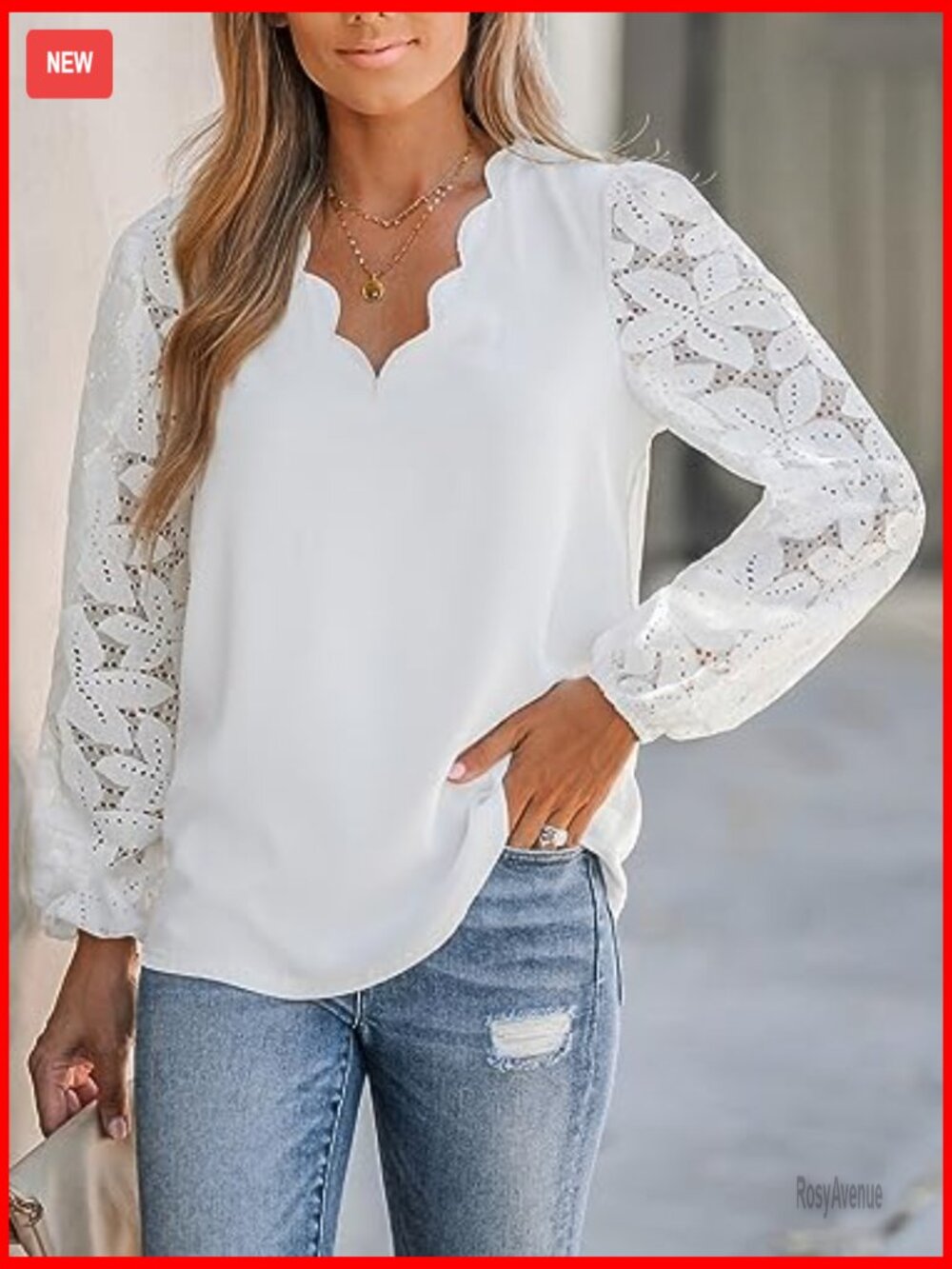 Lace V Neck Blouse Long Sleeve Scalloped Floral Dressy Blouse - Picture 3 of 7